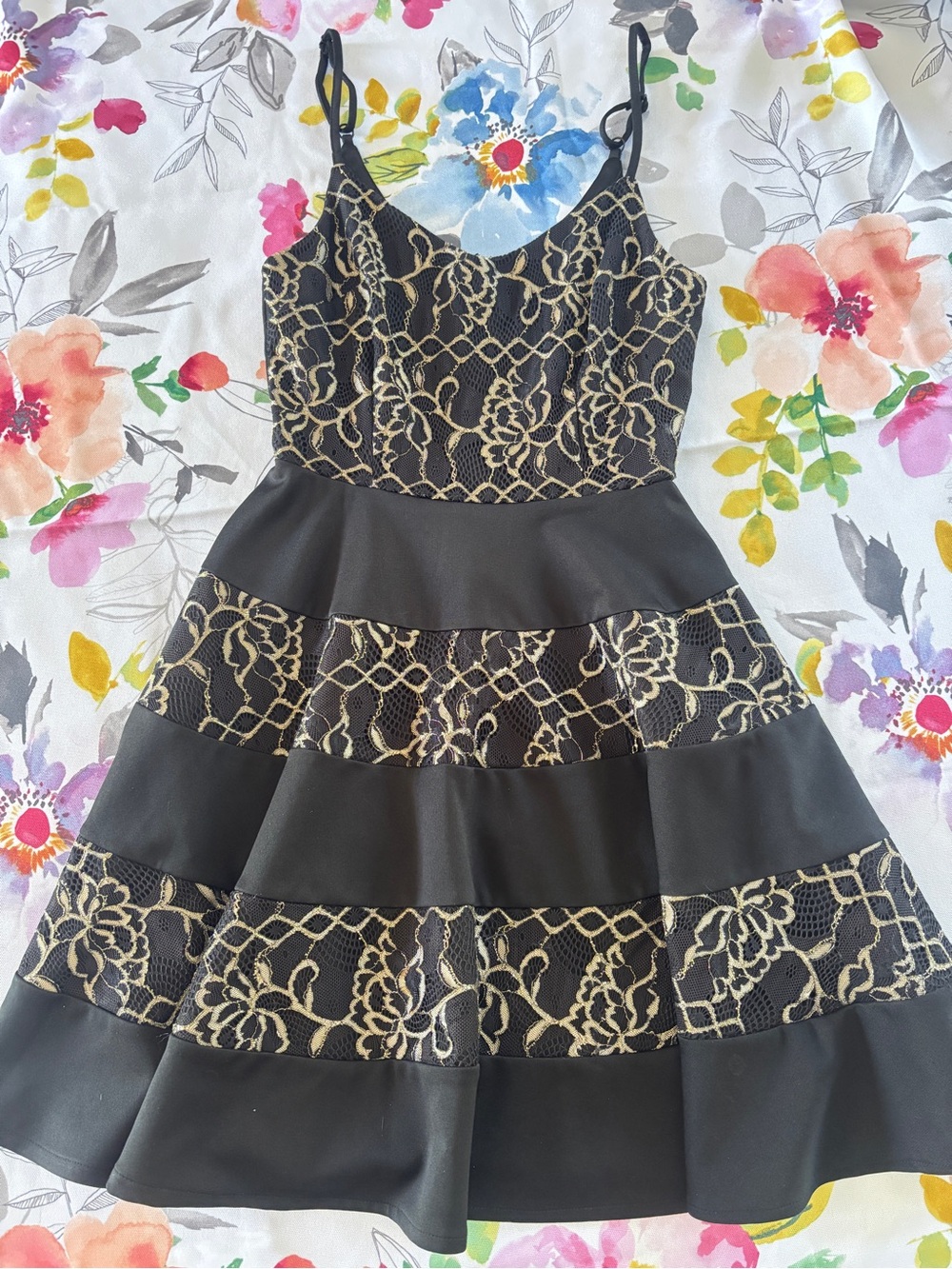Annabella Lace Fit-and-Flare Dress with Gold Accents